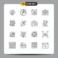 User Interface Pack of 16 Basic Outlines of luggage health music camping tag Editable Vector Design Elements