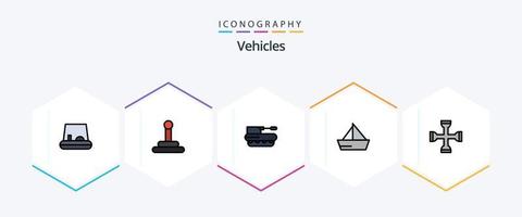 paquete de iconos de 25 vehículos con línea completa que incluye la herramienta. actuación. tanque. cruz. vehículos vector