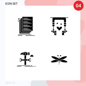 Group of 4 Modern Solid Glyphs Set for code build files music hammer Editable Vector Design Elements