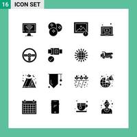 Set of 16 Vector Solid Glyphs on Grid for device music line player laptop Editable Vector Design Elements