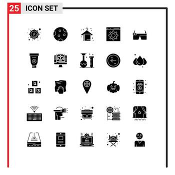 paquete de glifos sólidos de 25 símbolos universales de gafas programación desarrollo de playa codificación elementos de diseño vectorial editables vector