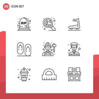 Group of 9 Outlines Signs and Symbols for worker employee running travel flops Editable Vector Design Elements