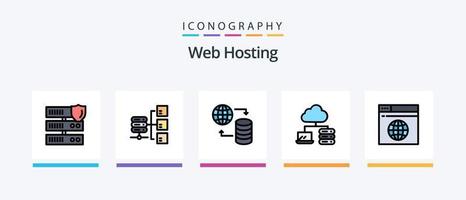 La línea de alojamiento web llenó un paquete de 5 íconos que incluye seguridad. servidor web. red. diseño de iconos creativos vector