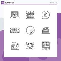 Set of 9 Modern UI Icons Symbols Signs for drum location lock map ram Editable Vector Design Elements