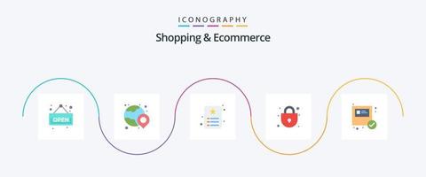 Shopping and Ecommerce Flat 5 Icon Pack Including package. box. id. shopping. lock vector