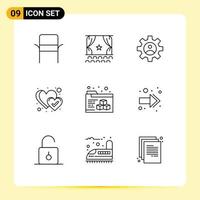 Set of 9 Vector Outlines on Grid for folder like premiere heart use Editable Vector Design Elements