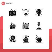 Set of 9 Commercial Solid Glyphs pack for music performance bathroom method reflection Editable Vector Design Elements