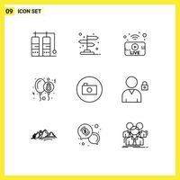 Set of 9 Vector Outlines on Grid for media player camera broadcasting eight day celebration Editable Vector Design Elements