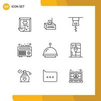 Set of 9 Commercial Outlines pack for app bell money alarm radio Editable Vector Design Elements