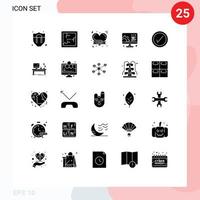 Pack of 25 Modern Solid Glyphs Signs and Symbols for Web Print Media such as workplace interface love tick setting Editable Vector Design Elements