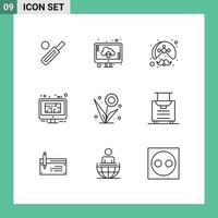 Mobile Interface Outline Set of 9 Pictograms of floor blue upload monitor turban Editable Vector Design Elements