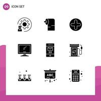 Set of 9 Vector Solid Glyphs on Grid for deleted imac plus device computer Editable Vector Design Elements