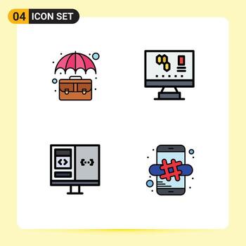 4 símbolos de signos de color plano de línea de llenado universal de elementos de diseño de vector editables de computadora de seguro de aplicación de bolsa
