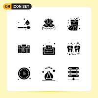 Universal Icon Symbols Group of 9 Modern Solid Glyphs of document suitcase food portfolio case Editable Vector Design Elements