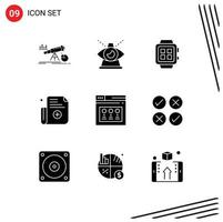 Universal Icon Symbols Group of 9 Modern Solid Glyphs of register form of watch smart Editable Vector Design Elements