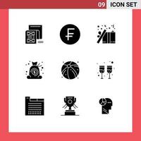 Universal Icon Symbols Group of 9 Modern Solid Glyphs of finance cash dollar bag present Editable Vector Design Elements