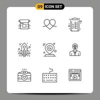 Pictogram Set of 9 Simple Outlines of launch spaceship like rocket clipboard Editable Vector Design Elements