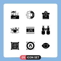 9 Universal Solid Glyph Signs Symbols of film musical birthday kit drums Editable Vector Design Elements