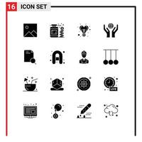 Modern Set of 16 Solid Glyphs Pictograph of document research idea search hands Editable Vector Design Elements