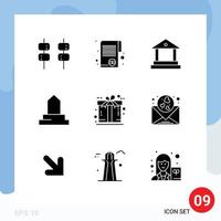 Modern Set of 9 Solid Glyphs and symbols such as gift ecommerce bank mosque historical building Editable Vector Design Elements