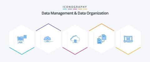 gestión de datos y organización de datos paquete de 25 iconos azules que incluye archivo. intercambio. datos. descargar. documento vector