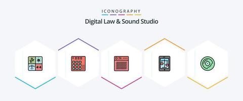 Digital Law And Sound Studio 25 FilledLine icon pack including law. court. live. portable. device vector