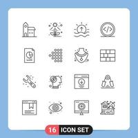 paquete de 16 signos y símbolos de contornos modernos para medios de impresión web, como programación, codificación, código suculento, brillo, elementos de diseño de vectores editables