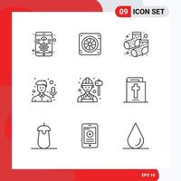 Pack of 9 Modern Outlines Signs and Symbols for Web Print Media such as worker employee dots recorder mic Editable Vector Design Elements