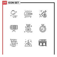 9 User Interface Outline Pack of modern Signs and Symbols of award badge st day parade instrument Editable Vector Design Elements