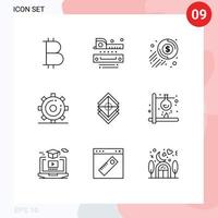 Pictogram Set of 9 Simple Outlines of design search dollar page media Editable Vector Design Elements