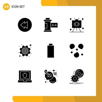 9 conjunto de glifos sólidos universales para aplicaciones web y móviles configuración de rugby de batería multimedia elementos de diseño vectorial editables de dinero vector