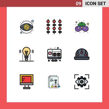 Mobile Interface Filledline Flat Color Set of 9 Pictograms of cube solution carnival light idea Editable Vector Design Elements