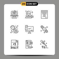 conjunto de 9 iconos de interfaz de usuario modernos signos de símbolos para elementos de diseño vectorial editables de presupuesto de dinero de usuario de tiempo de computadora vector