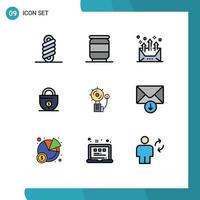 Mobile Interface Filledline Flat Color Set of 9 Pictograms of bell alarm communication lock investment Editable Vector Design Elements