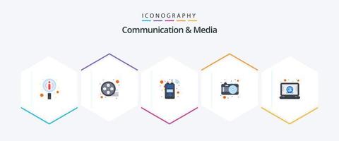 Communication And Media 25 Flat icon pack including laptop. picture. cordless phone. travel. photos vector