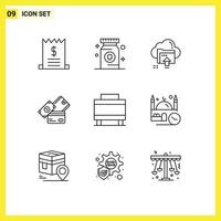 Pictogram Set of 9 Simple Outlines of wallet currency upload money computing Editable Vector Design Elements