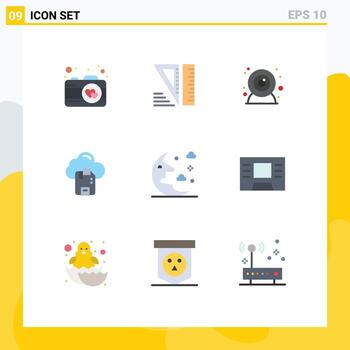 Editable Vector Line Pack of 9 Simple Flat Colors of atm night web camera moon server Editable Vector Design Elements