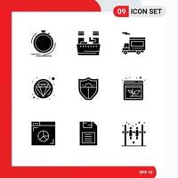 User Interface Pack of 9 Basic Solid Glyphs of security jewelry wellness diamond vehicle Editable Vector Design Elements