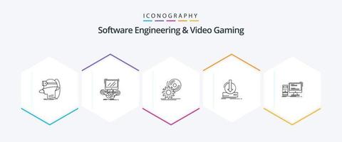 paquete de iconos de 25 líneas de ingeniería de software y videojuegos que incluye contenido. DVD. Internet. software. desct vector