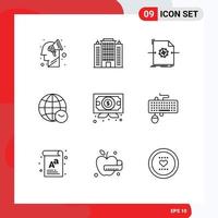 Group of 9 Outlines Signs and Symbols for certificate time document web globe Editable Vector Design Elements