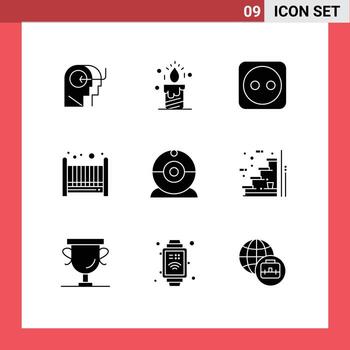 9 conjunto de glifos sólidos universales para aplicaciones web y móviles pasos cámara electricidad cámara mala elementos de diseño vectorial editables vector