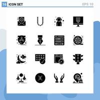 Group of 16 Modern Solid Glyphs Set for programing design assistant computer support Editable Vector Design Elements