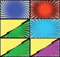 Comic book colorful frames background with halftone rays radial and dotted effects pop art style vector