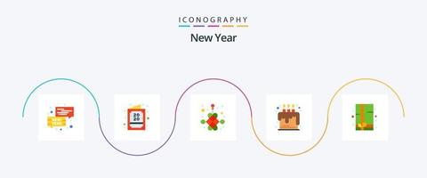 New Year Flat 5 Icon Pack Including present. party. chinese. food. cake vector