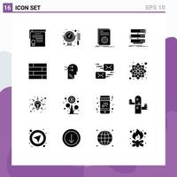 Group of 16 Modern Solid Glyphs Set for data rack code storage script Editable Vector Design Elements