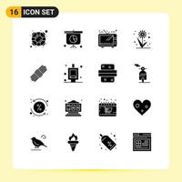 Pack of 16 creative Solid Glyphs of urinal pack television rope plant Editable Vector Design Elements