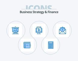 Business Strategy And Finance Blue Icon Pack 5 Icon Design. letter. ecommerce. analytics. shopping. payment vector