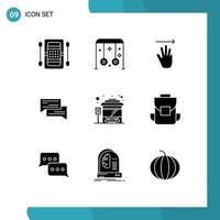 Pack of 9 Modern Solid Glyphs Signs and Symbols for Web Print Media such as communication bubble sports chat up Editable Vector Design Elements