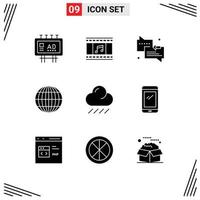 Modern Set of 9 Solid Glyphs Pictograph of rain internet filmstrip globe arrow Editable Vector Design Elements