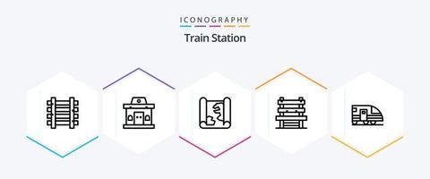 paquete de iconos de 25 líneas de la estación de tren, incluido el metro. espera. ubicación. estación. silla vector